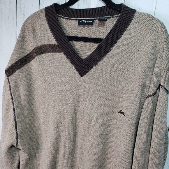 A. Tiziano Men's V-Neck Cotton/Wool Sweater Tan - Picture 2 of 6